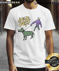 Official Angel Dust Dogwalker T-Shirt featuring vibrant graphics of Angel Dust in a stylish dogwalking pose.