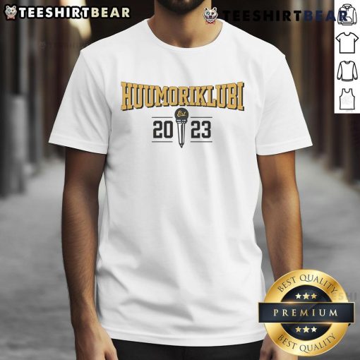 Alt Text: Official Ari Matti proudly wearing a Huumoriklubi Est 2023 T-Shirt, showcasing a vibrant and stylish design.