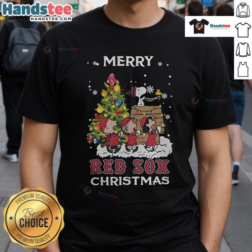 Alt Text: Official Boston Red Sox X Snoopy And Friends Merry Christmas 2024 T-Shirt featuring festive design and team logo.