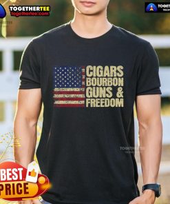 Alt Text: Official Cigars Bourbon Guns And Freedom T-Shirt featuring an American flag design, ideal for patriotic enthusiasts.
