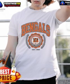 Alt Text: Official Cincinnati Bengals Team Crest Est 1968 T-Shirt showcasing the iconic logo and vintage design for fans.