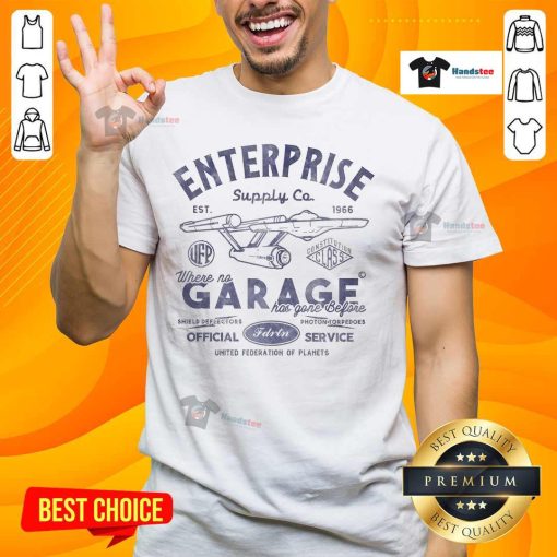 Official Enterprise Garage Est 1966 T-Shirt featuring 'Where No Garage Has Gone Before' design, perfect for fans.