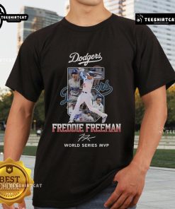 Freddie Freeman Los Angeles Dodgers World Series MVP signature t-shirt featuring bold graphics and team colors.