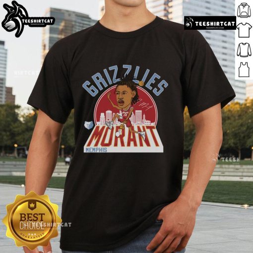Alt Text: Official Grizzlies Ja Morant Signature T-Shirt featuring bold graphics and team colors, perfect for fans and collectors.