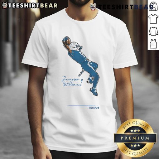Official Jameson Williams TD NFL Celebration T-Shirt featuring vibrant graphics and team colors for football fans.