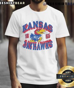 Official Kansas Jayhawks Court Arched Wordmark 1865 T-Shirt featuring the iconic Jayhawks logo in vibrant colors.