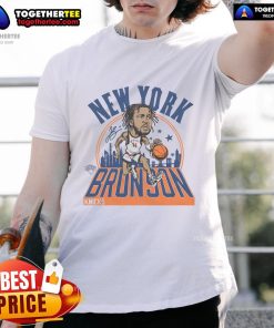 Official Knicks Jalen Brunson Signature T-Shirt featuring team colors and logo, perfect for fans and collectors.