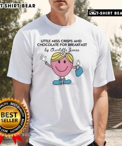 Official Little Miss Crisps and Chocolate for Breakfast by Charlotte Jones T-shirt featuring colorful graphic design.