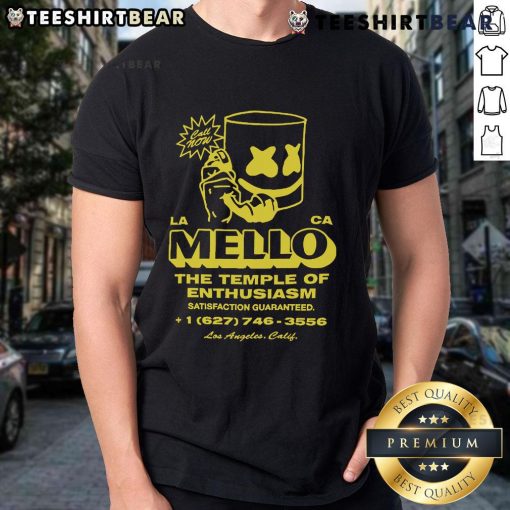 Official Marshmello Call Now T-Shirt featuring 'The Temple Of Enthusiasm' design, Satisfaction Guaranteed, Los Angeles CA.