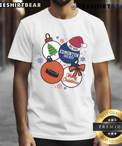 Official Merry Christmas Edmonton Hockey Est 1972 T-Shirt featuring festive design and team colors for hockey fans.
