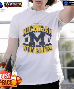 Official Michigan Wolverines Field Arched Wordmark 1817 T-Shirt in navy blue, showcasing the iconic team logo and design.