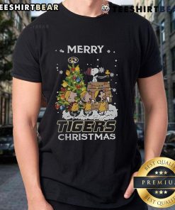Alt Text: Official Missouri Tigers X Snoopy And Friends Merry Christmas 2024 T-Shirt featuring festive graphics and school logo.