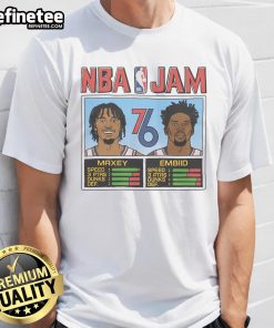 Alt Text: Official NBA Jam 76ers City T-Shirt featuring Maxey and Embiid, perfect for fans and collectors.
