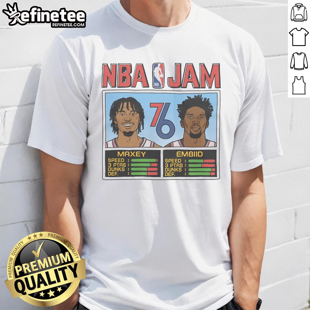 Official Nba Jam 76Ers City Maxey And Embiid T Shirt Alt Text: Official NBA Jam 76ers City T-Shirt featuring Maxey and Embiid, perfect for fans and collectors.