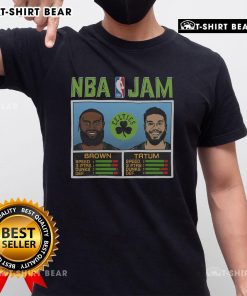 Official NBA Jam Celtics City Brown and Tatum T-Shirt featuring vibrant graphics of Celtics stars for fans.