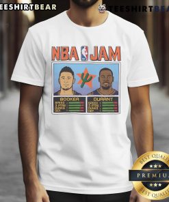 Official NBA Jam Suns City T-Shirt featuring Devin Booker and Kevin Durant, perfect for basketball fans and collectors.