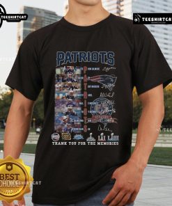 Alt Text: Official New England Patriots Signature Thank You For The Memories T-Shirt showcasing team logo and signature design.