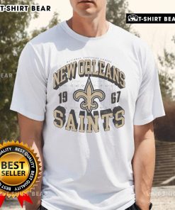 Official New Orleans Saints Field Arched Wordmark T-Shirt displayed on a mannequin, showcasing team pride and style.