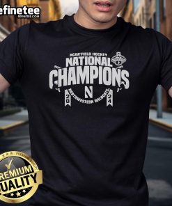 Official Northwestern Wildcats 2024 NCAA Field Hockey National Champions T-Shirt in purple with team logo and championship details.