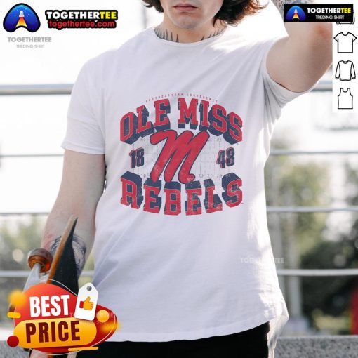 Official Ole Miss Rebels Field Arched Wordmark 1848 T-Shirt featuring bold red and blue colors, perfect for fans.