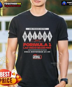 Official On Track With Malbon Golf Formula 1 Las Vegas Grand Prix T-Shirt showcasing racing theme and vibrant design.