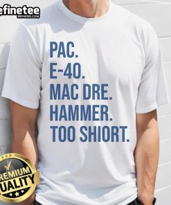 Alt Text: Official Pac E-40 Mac Dre Hammer Too Short T-Shirt featuring iconic hip-hop artists in vibrant graphic design.