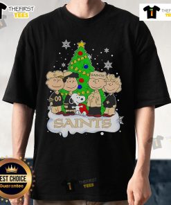 Alt Text: Official Peanuts Characters New Orleans Saints Christmas Tree T-Shirt featuring festive designs and team spirit.