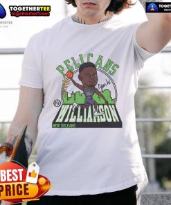Alt Text: Official Pelicans Zion Williamson Signature T-Shirt featuring bold graphics and team colors for fans and collectors.