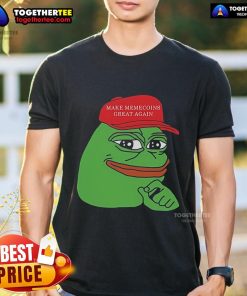 Alt Text: Official Pepe Make Memecoins Great Again T-Shirt featuring Pepe the Frog design, perfect for meme enthusiasts.