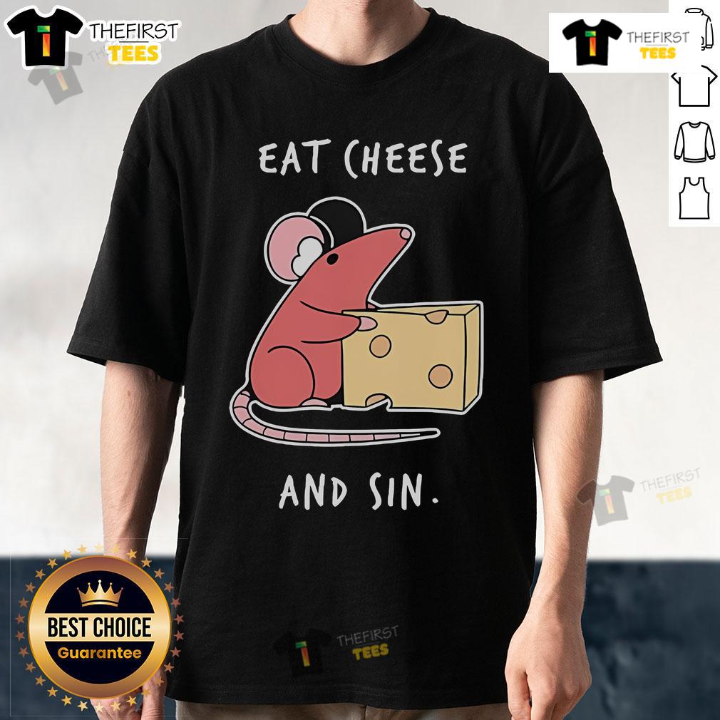 Official Pirate Software Wearing Eat Cheese And Sin T Shirt Alt Text: Official Pirate Software employee wearing Eat Cheese And Sin T-shirt, showcasing playful company culture and branding.