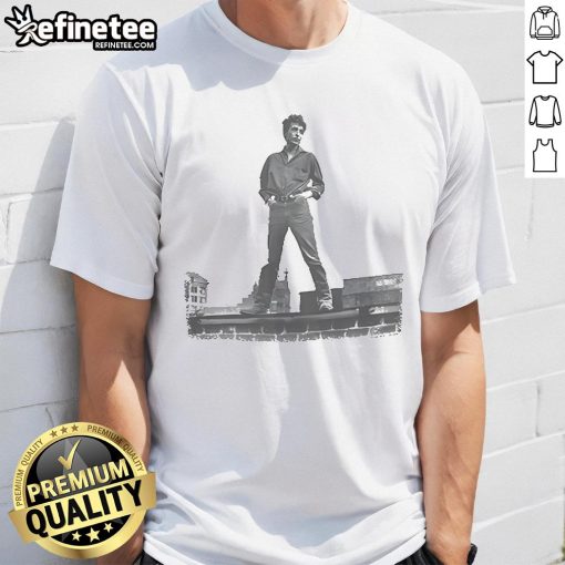 Official Rooftop Photo Bob Dylan 2025 T-Shirt featuring iconic rooftop scene design, perfect for music fans and collectors.