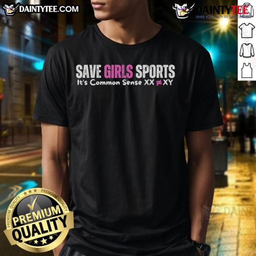 Official Save Girls Sports t-shirt featuring 'It's Common Sense' slogan, promoting gender equality in athletics.