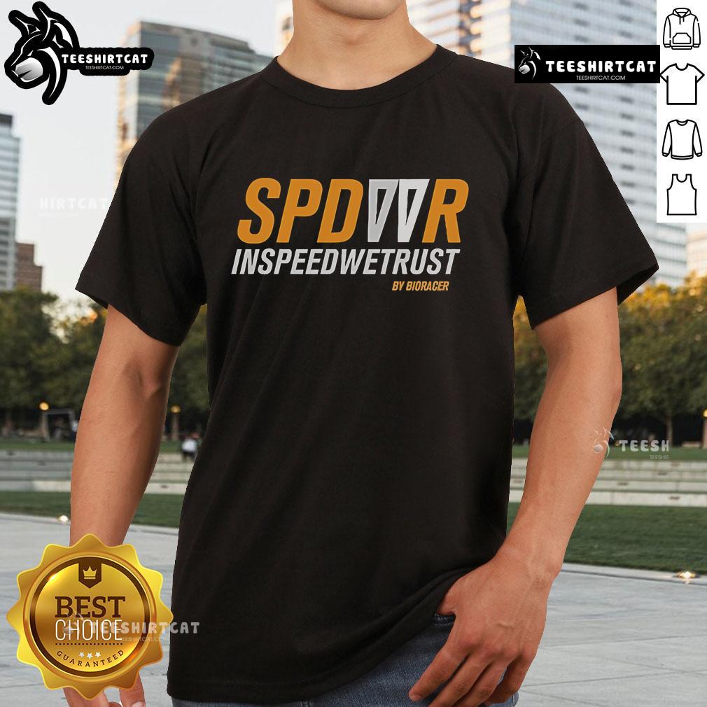 Official Spdvor Inspeedwetrust By Bioracer T Shirt Alt Text: Official Spdvor Inspeedwetrust By Bioracer T-Shirt featuring a sleek design and bold branding for cycling enthusiasts.