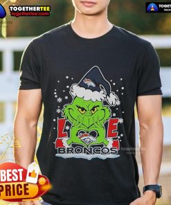 Official The Grinch Love 2024 Denver Broncos Football Christmas T-Shirt featuring festive design and team colors.