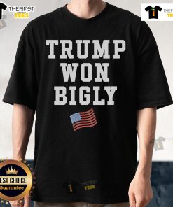 Official Trump Won Bigly T-Shirt featuring America flag design, promoting Trump 2024 victory theme.