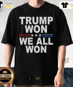 Official Trump Won We All Won 2024 USA flag t-shirt featuring bold graphics and patriotic colors for supporters.