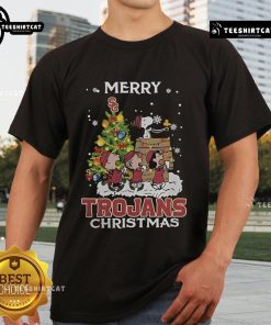 Official USC Trojans X Snoopy and Friends Merry Christmas 2024 T-Shirt featuring festive design and team colors.