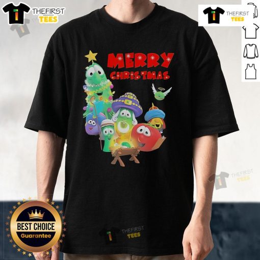 Official Veggietales Merry Christmas Xmas 2024 Characters T-Shirt featuring beloved animated veggies celebrating the holiday.