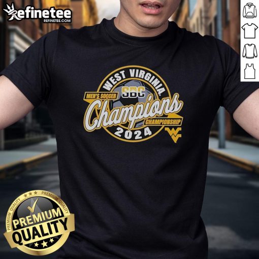 Official West Virginia Mountaineers 2024 SBC Men's Soccer Tournament Champions T-Shirt featuring team logo and vibrant colors.