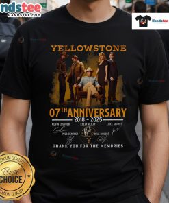 Alt Text: Official Yellowstone 7th Anniversary 2018-2025 T-Shirt featuring signature design and heartfelt 'Thank You For The Memories' message.