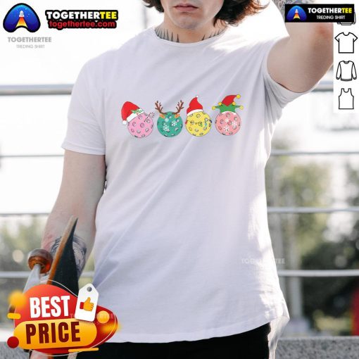 Premium Christmas Pickleball Player T-Shirt featuring festive Xmas lights with reindeer and elf design.