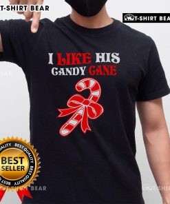 Funny couples matching Christmas T-shirt featuring 'I Like His Candy Cane' design for a festive holiday look.
