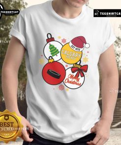 Alt Text: Pretty Merry Christmas Calgary Hockey Est 1972 T-Shirt featuring festive design and team colors for holiday spirit.