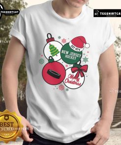 Pretty Merry Christmas New Jersey Hockey Est 1974 T-Shirt showcasing festive design for hockey fans celebrating the holidays.