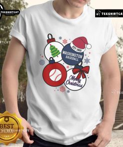 Alt Text: Pretty Merry Christmas Washington Baseball Est 1969 T-Shirt featuring festive design and team logo for holiday cheer.