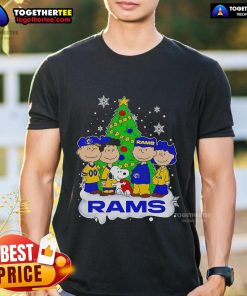 Pretty Peanuts characters adorn a Los Angeles Rams Christmas Tree T-Shirt, perfect for holiday cheer and NFL fans.