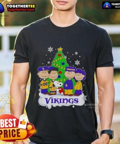 Pretty Snoopy The Peanuts Minnesota Vikings Christmas Tree T-Shirt featuring Snoopy with festive Vikings-themed design.