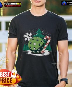 Snowy Pickleball Christmas Tree T-Shirt featuring festive snowflakes for winter sports enthusiasts.