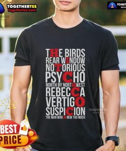 Top Alfred Hitchcock T-Shirt featuring iconic movie quotes and classic film imagery, perfect for vintage cinema fans.