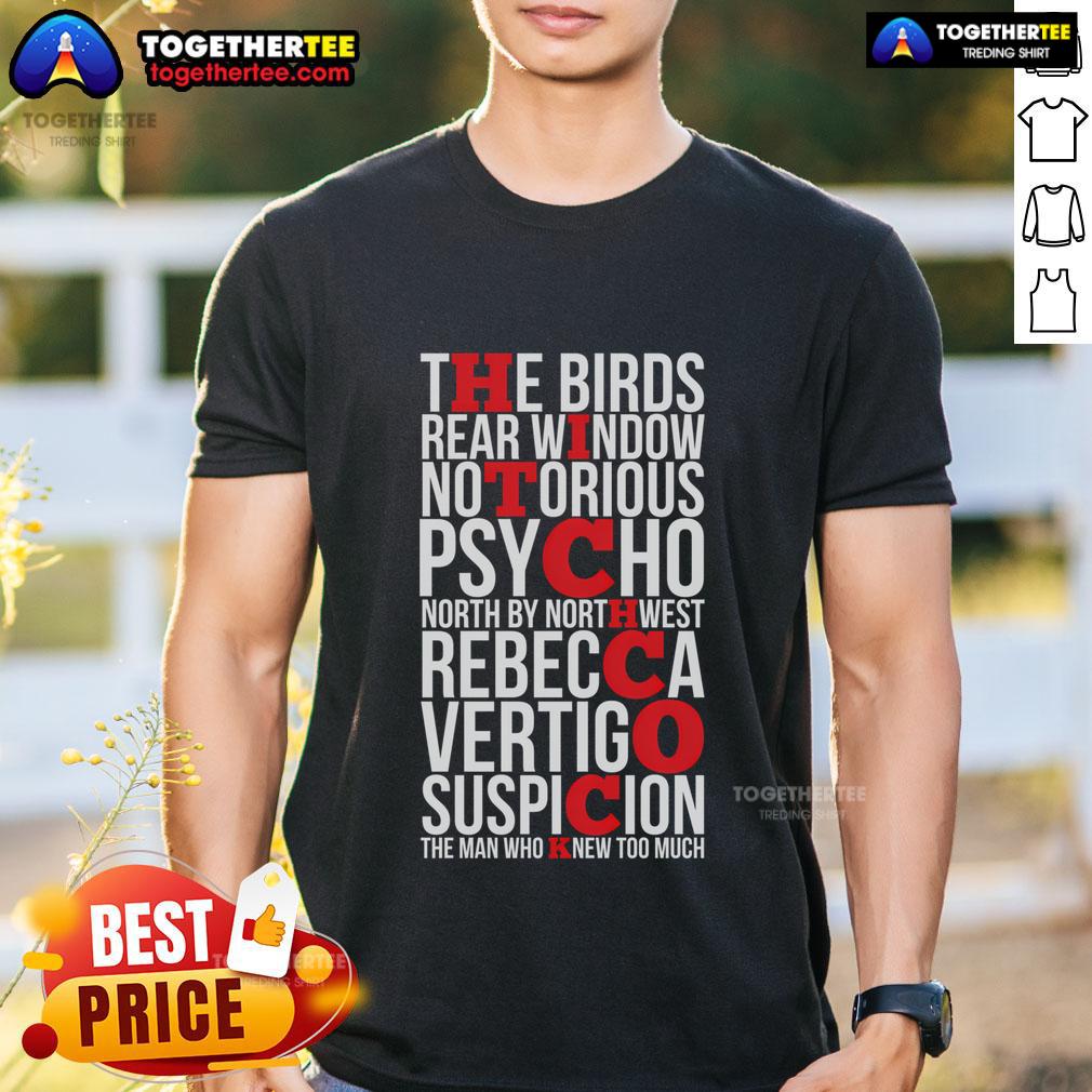 Top Alfred Hitchcock T Shirt Top Alfred Hitchcock T-Shirt featuring iconic movie quotes and classic film imagery, perfect for vintage cinema fans.